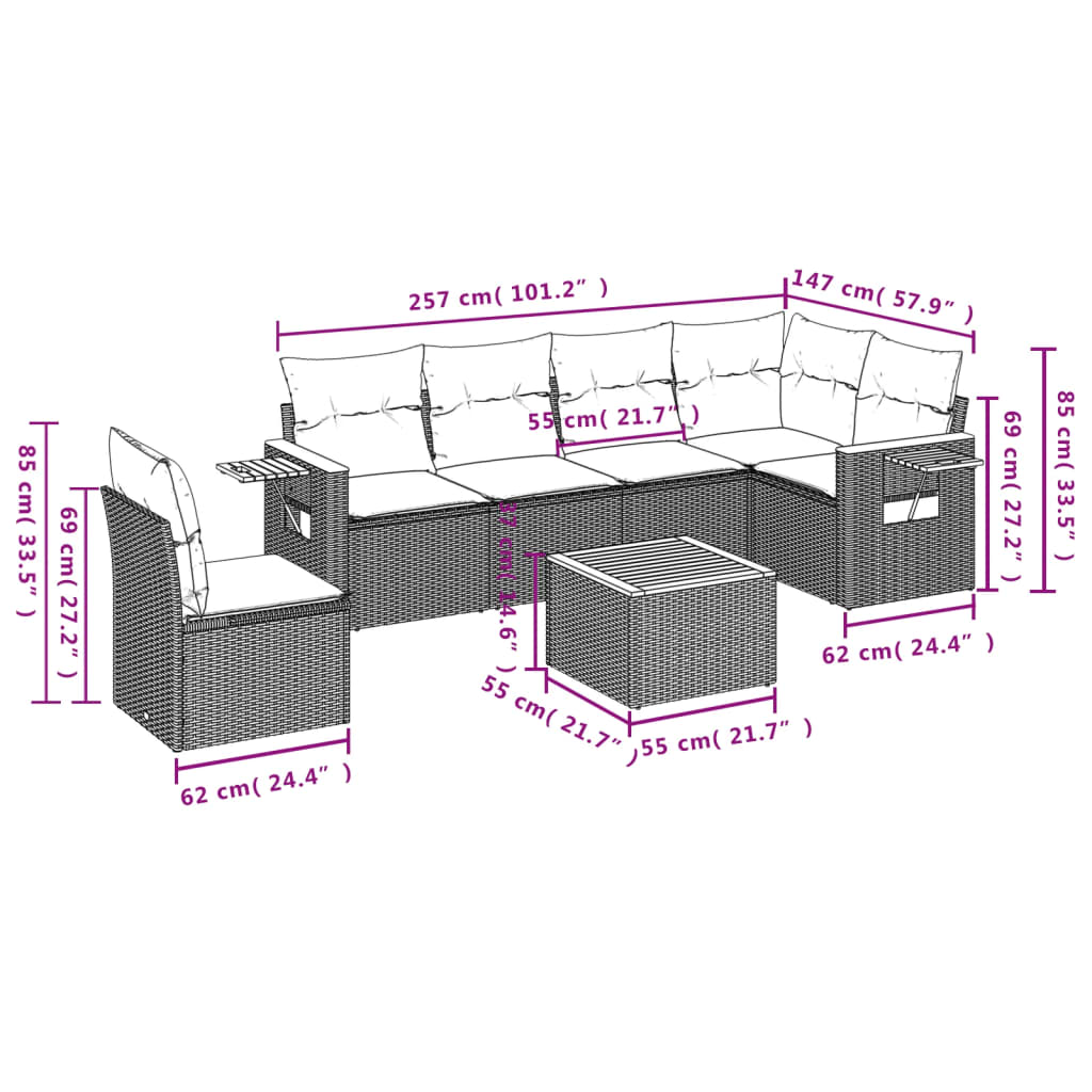 vidaXL 7-tlg. Garten-Sofagarnitur mit Kissen Schwarz Poly Rattan