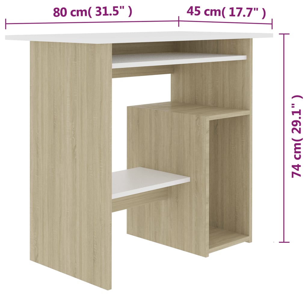 vidaXL Schreibtisch Weiß und Sonoma-Eiche 80x45x74 cm Holzwerkstoff