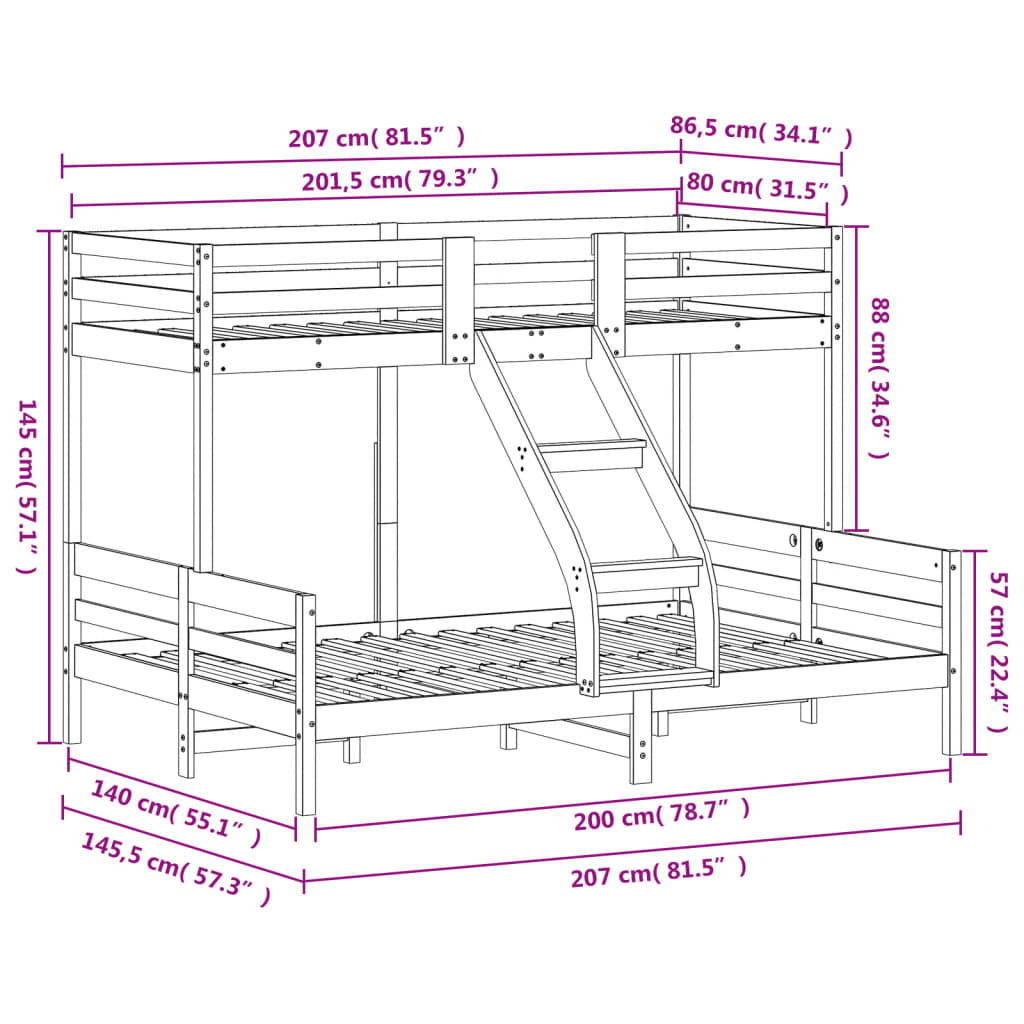 vidaXL Etagenbett 80x200/140x200 cm Weiß Massivholz Kiefer