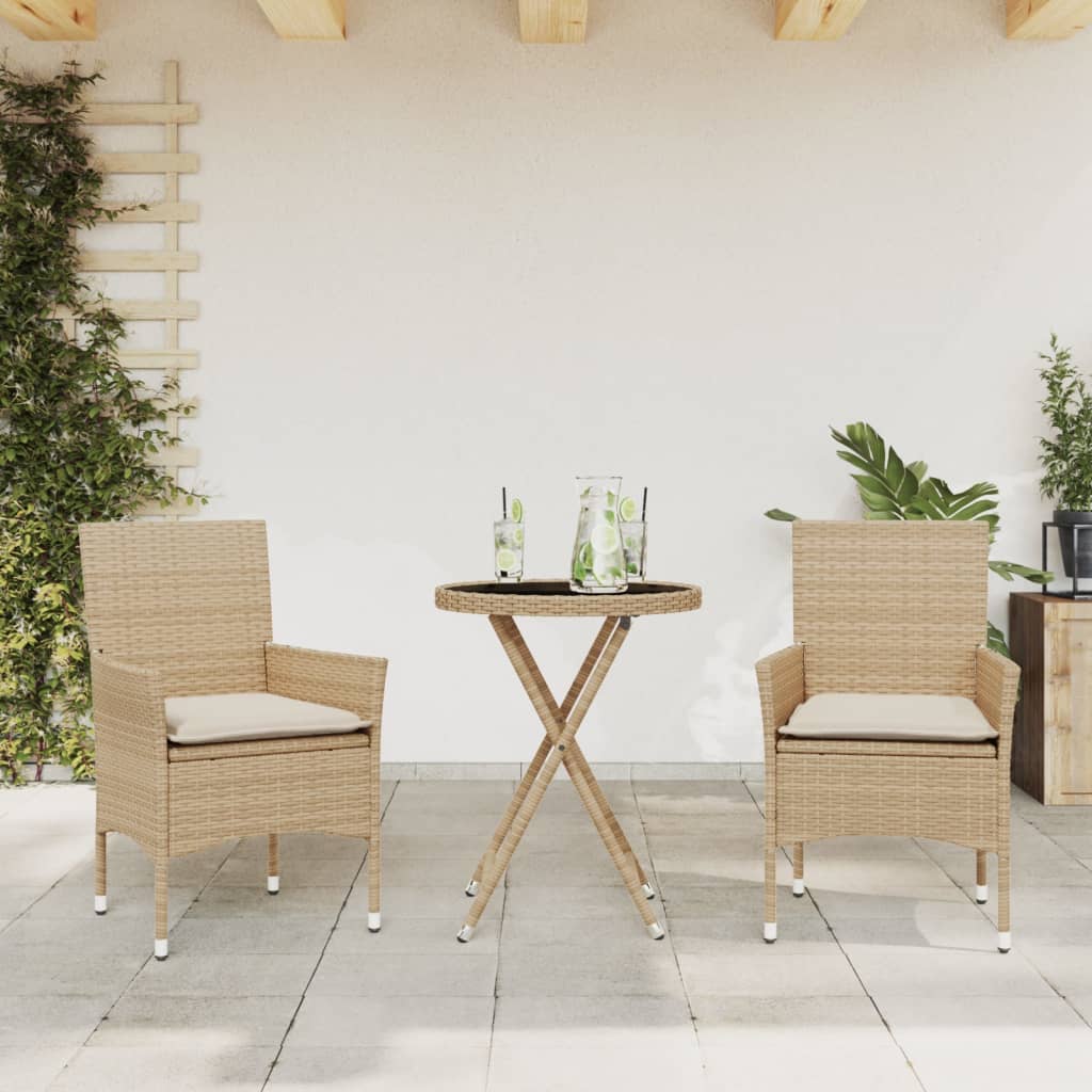 vidaXL 3-tlg. Bistro-Set mit Kissen Beige Poly Rattan und Glas