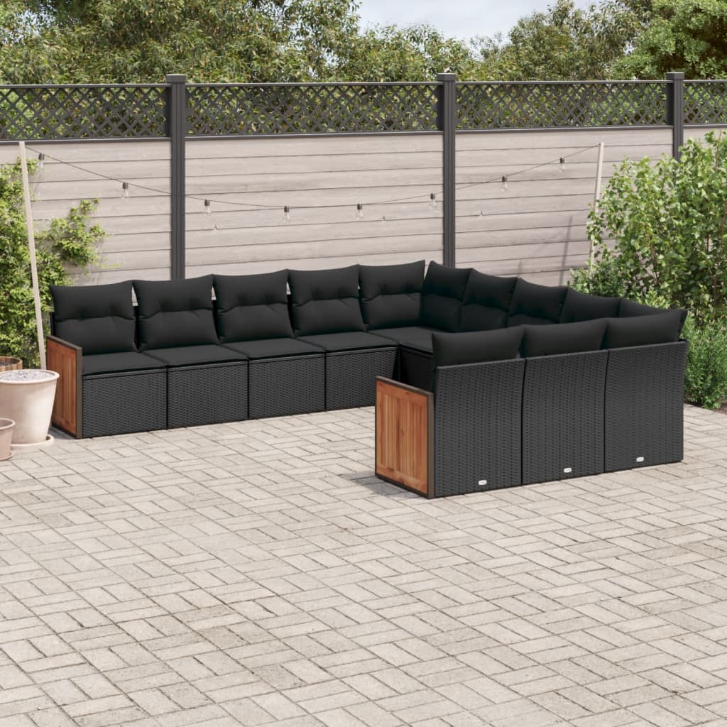 vidaXL 11-tlg. Garten-Sofagarnitur mit Kissen Schwarz Poly Rattan