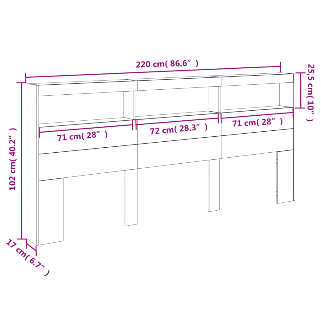 vidaXL LED-Kopfteil mit Ablage Betongrau 220x17x102 cm