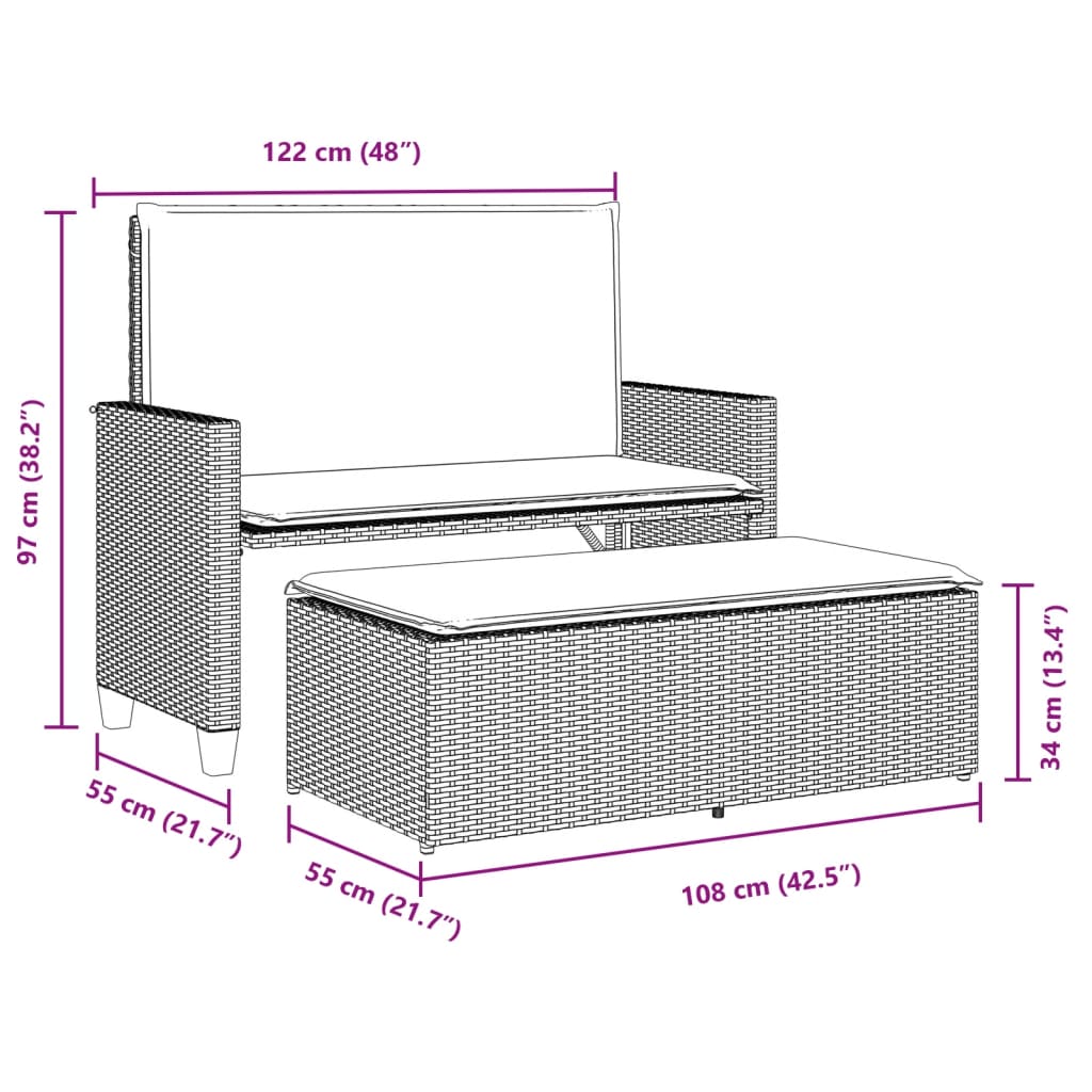 vidaXL Gartenbank mit Kissen und Hocker Braun Poly Rattan