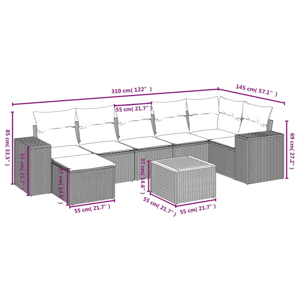 vidaXL 8-tlg. Garten-Sofagarnitur mit Kissen Grau Poly Rattan