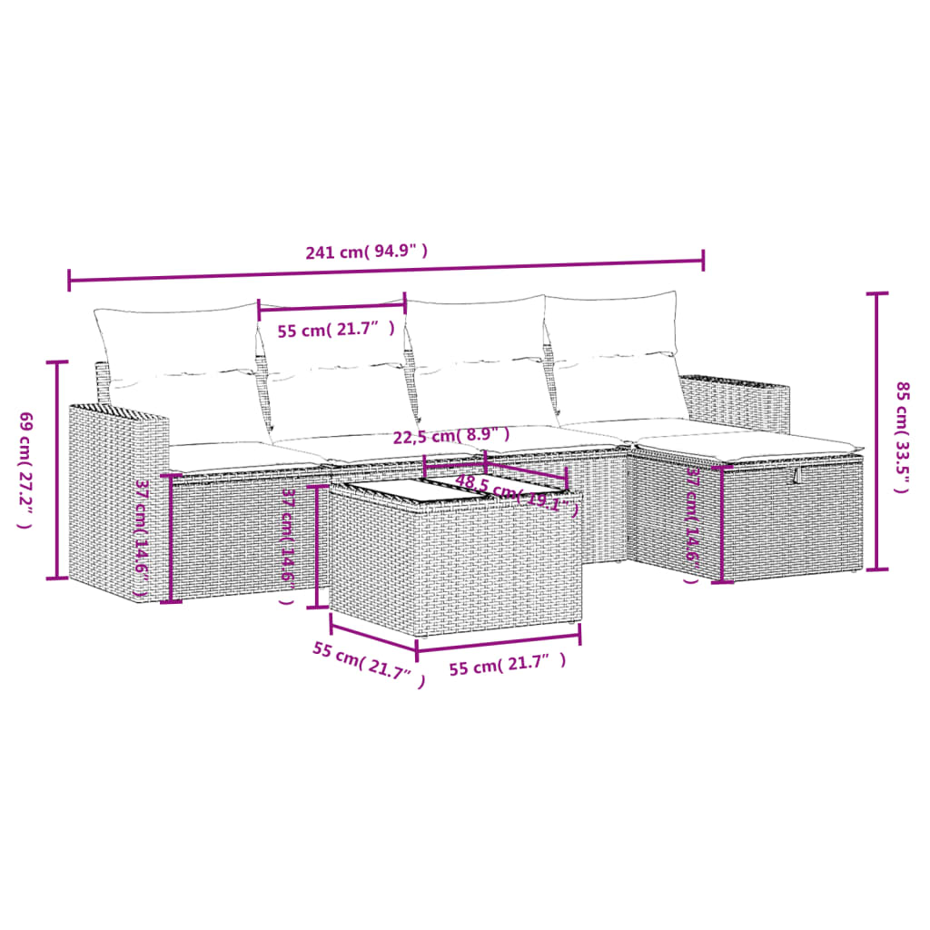 vidaXL 6-tlg. Garten-Sofagarnitur mit Kissen Schwarz Poly Rattan