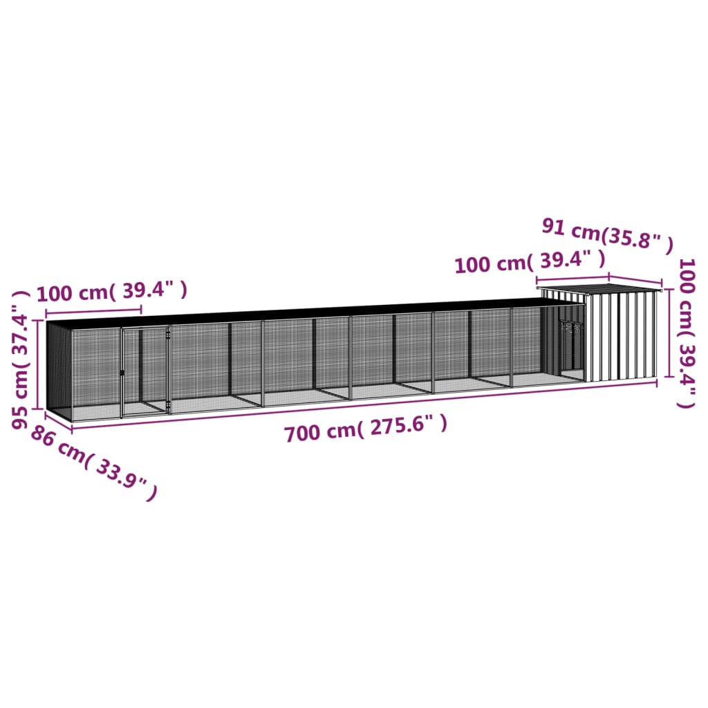 vidaXL Hühnerkäfig Grau 700x91x100 cm Verzinkter Stahl