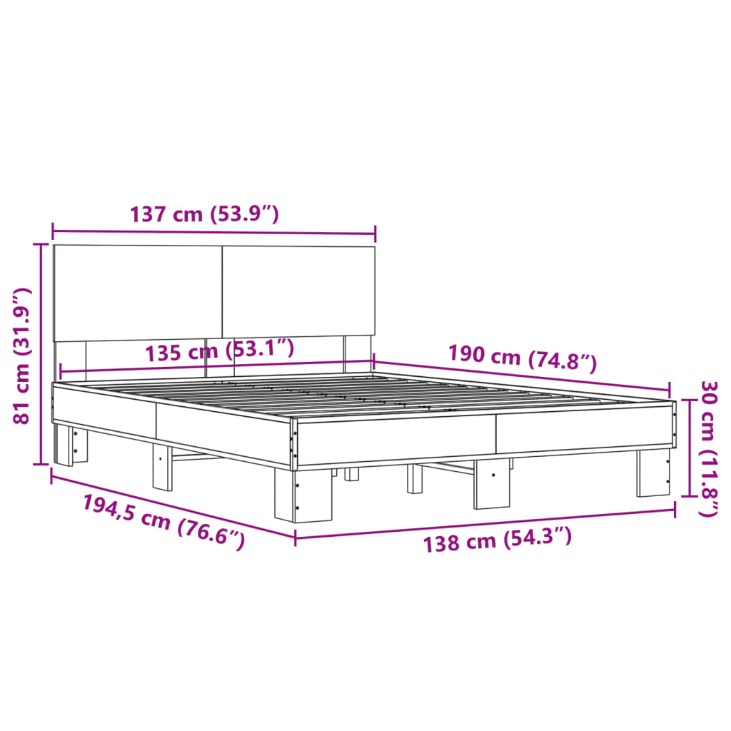 vidaXL Bettgestell Sonoma-Eiche 135x190 cm Holzwerkstoff und Metall