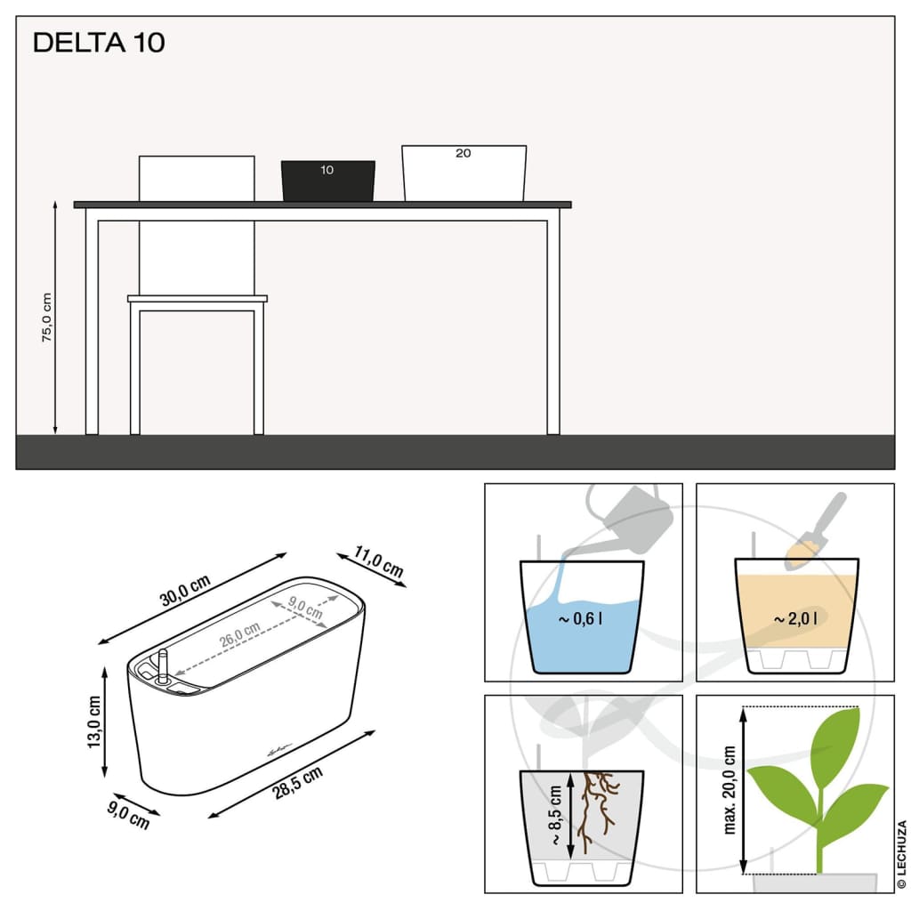 LECHUZA Pflanzgefäß DELTA 10 ALL-IN-ONE Hochglanz-Weiß