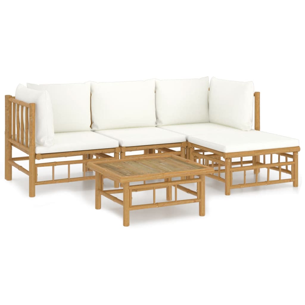 vidaXL 5-tlg. Garten-Lounge-Set mit Cremeweißen Kissen Bambus