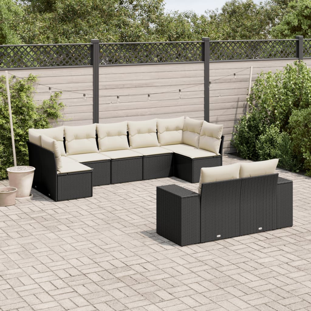 vidaXL 9-tlg. Garten-Sofagarnitur mit Kissen Schwarz Poly Rattan