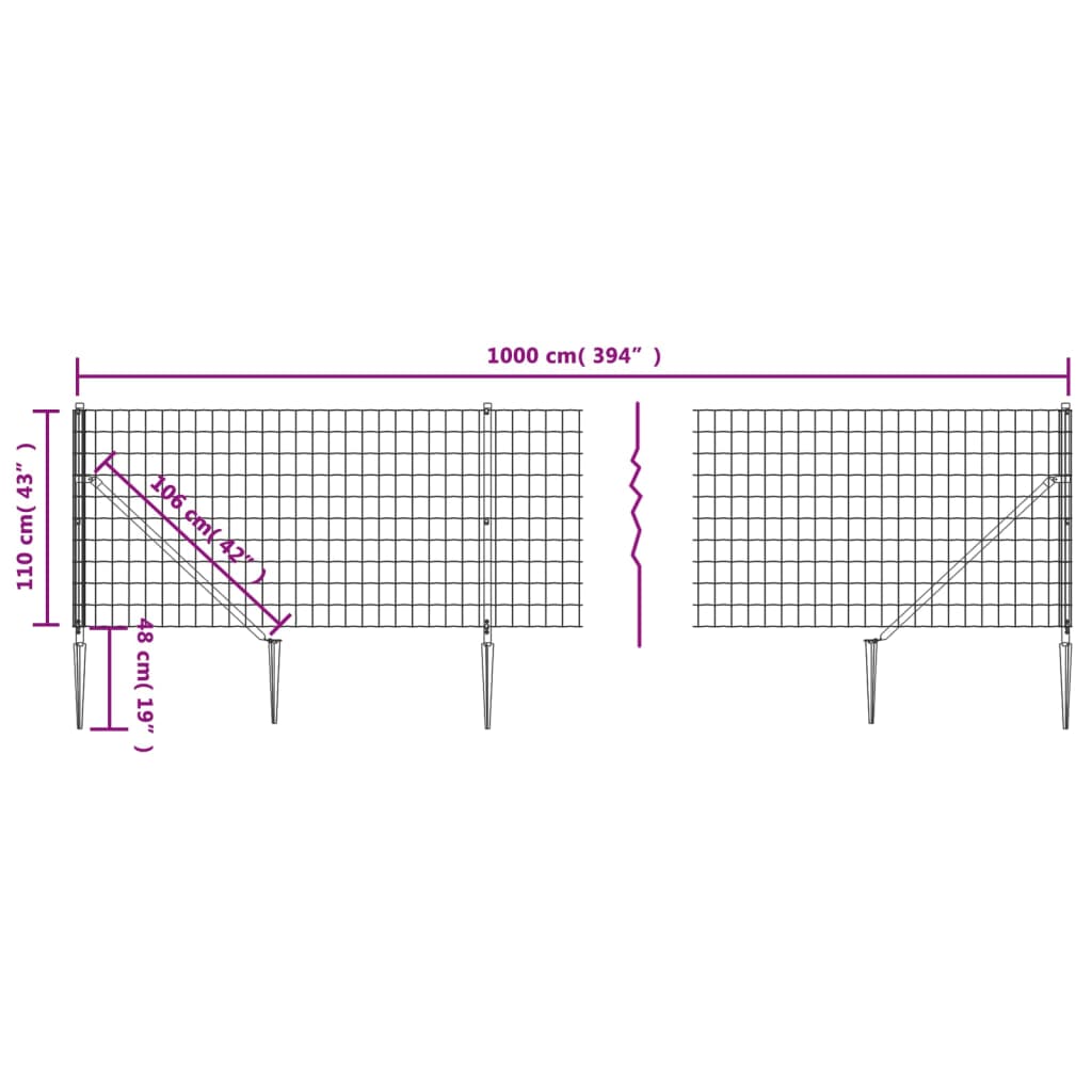 vidaXL Maschendrahtzaun mit Bodenhülsen Anthrazit 1,1x10 m