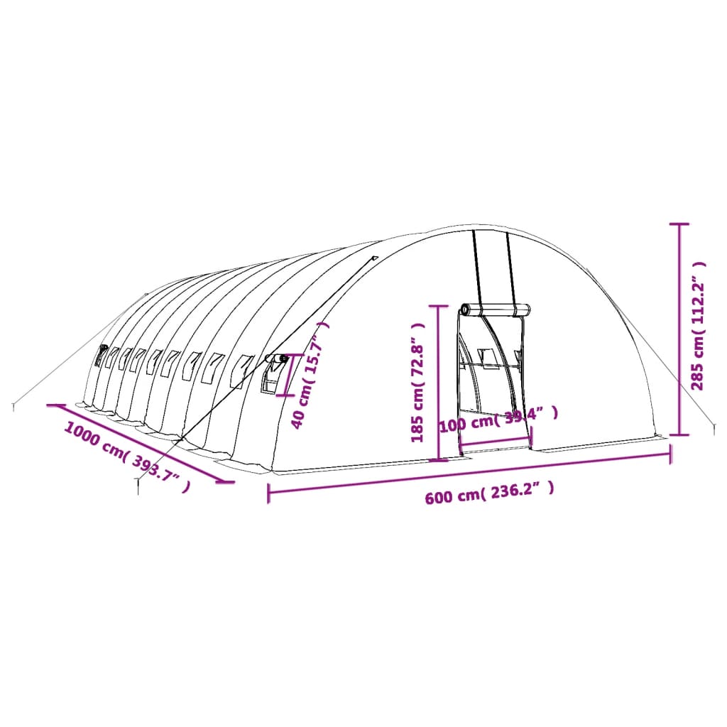 vidaXL Gewächshaus mit Stahlrahmen Grün 60 m² 10x6x2,85 m