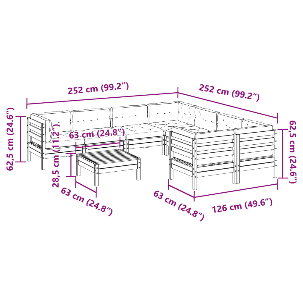 vidaXL 9-tlg. Garten-Sofagarnitur mit Kissen Wachsbraun Kiefernholz