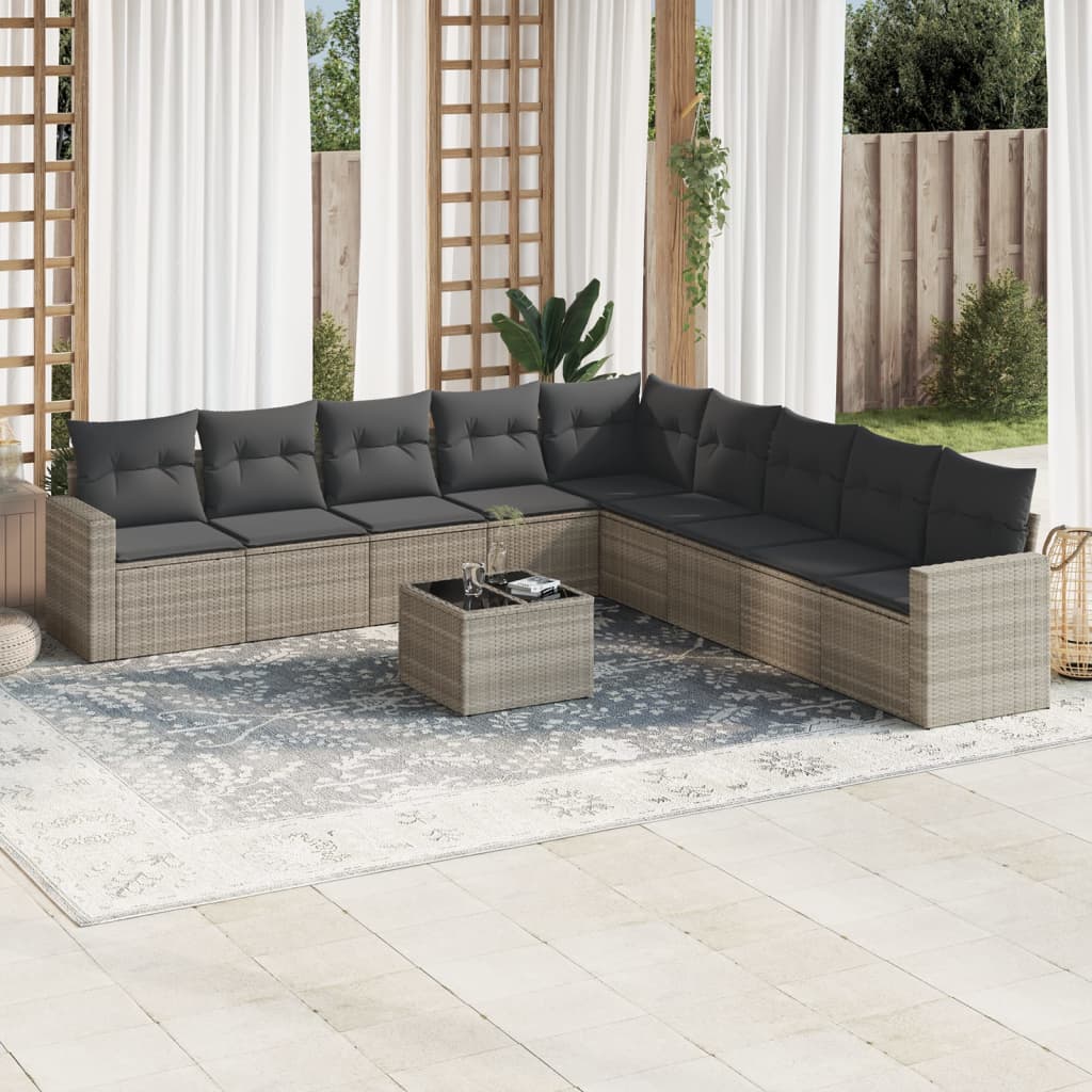 vidaXL 10-tlg. Garten-Sofagarnitur mit Kissen Hellgrau Poly Rattan