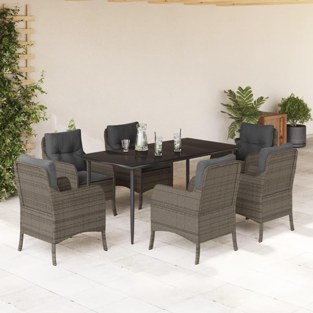 vidaXL 7-tlg. Garten-Essgruppe mit Kissen Grau Poly Rattan