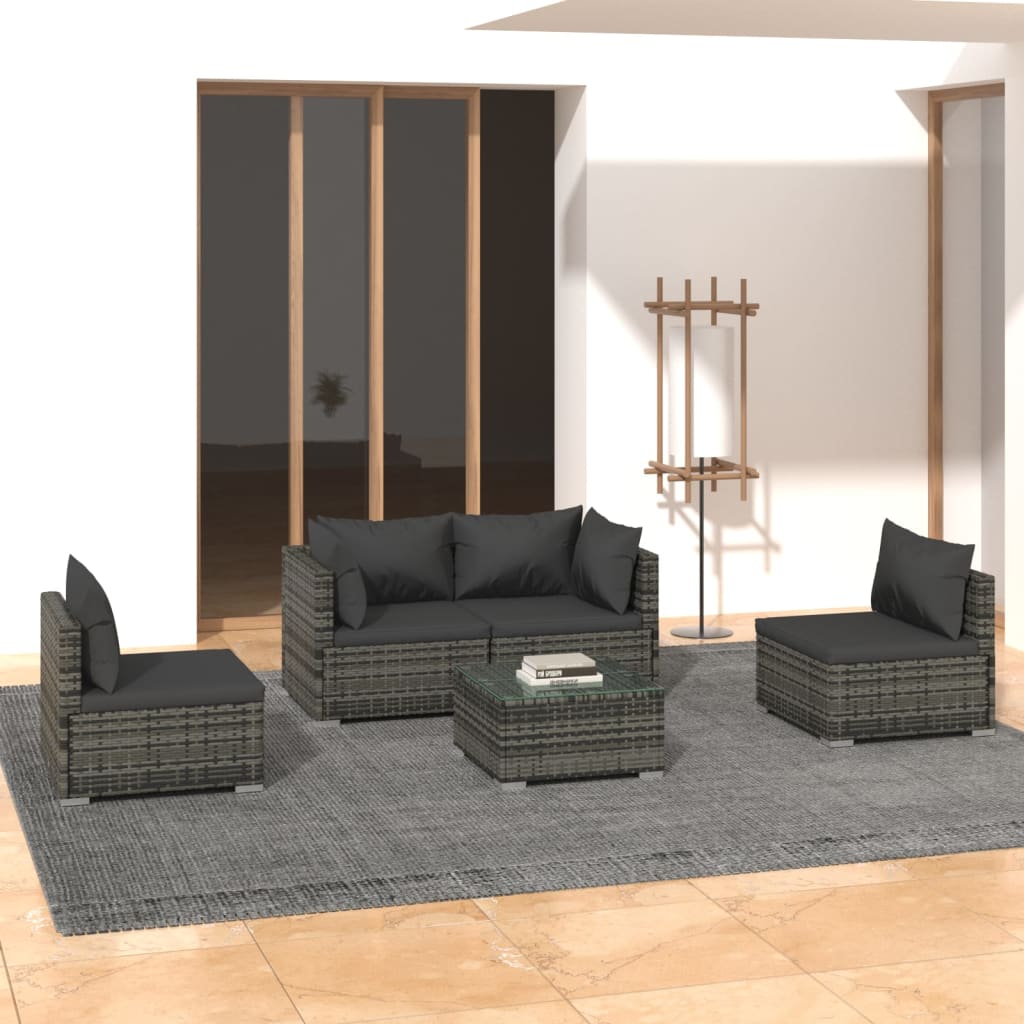 vidaXL 5-tlg. Garten-Lounge-Set mit Kissen Poly Rattan Grau