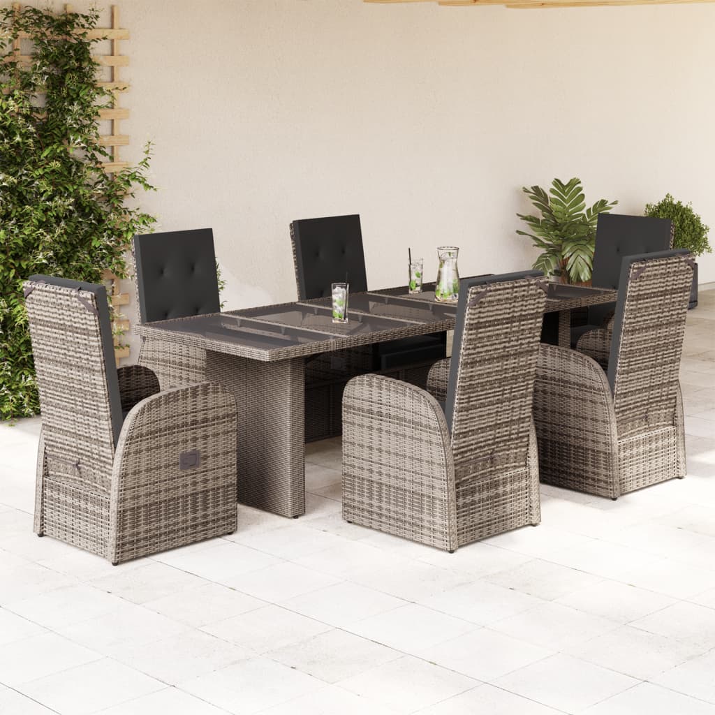 vidaXL 7-tlg. Garten-Essgruppe mit Kissen Grau Poly Rattan