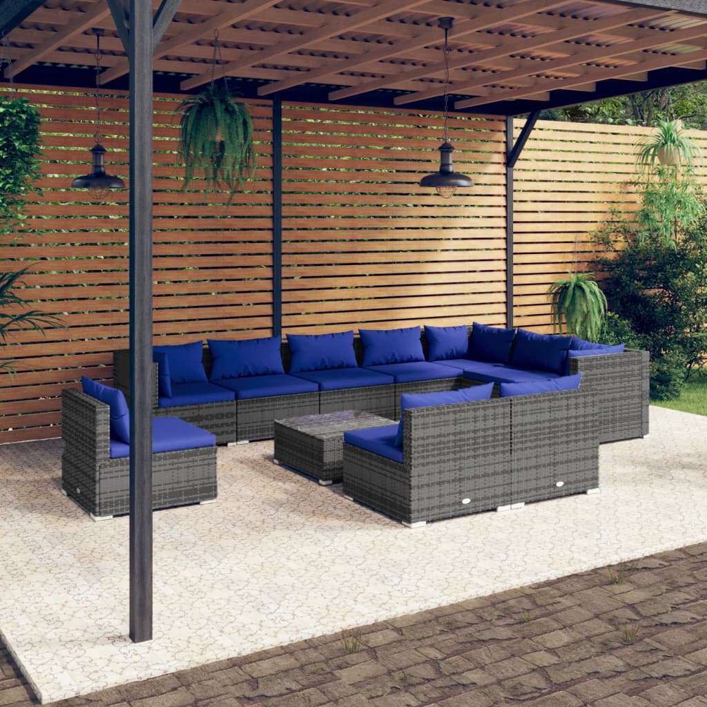 vidaXL 11-tlg. Garten-Lounge-Set mit Kissen Poly Rattan Grau