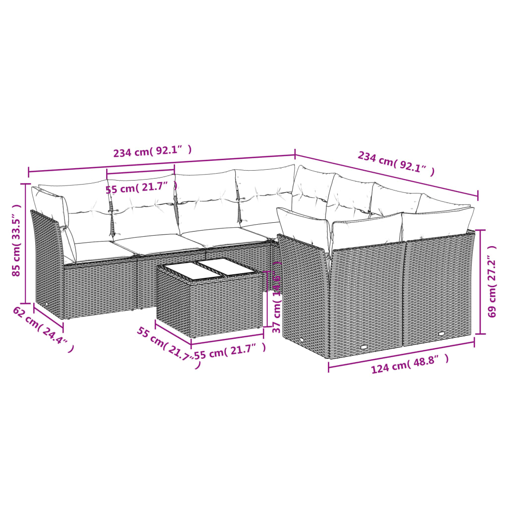 vidaXL 9-tlg. Garten-Sofagarnitur mit Kissen Schwarz Poly Rattan