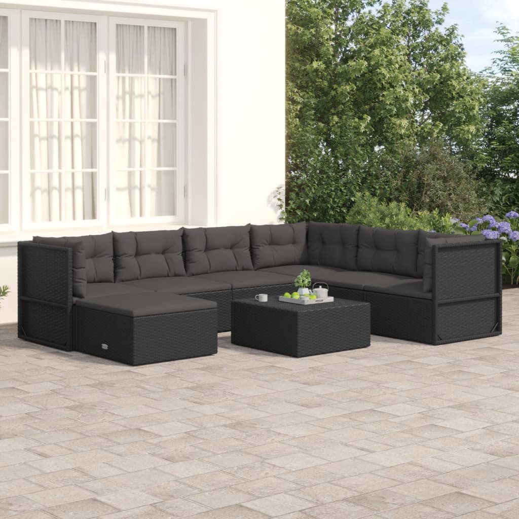 vidaXL 7-tlg. Garten-Lounge-Set mit Kissen Schwarz Poly Rattan