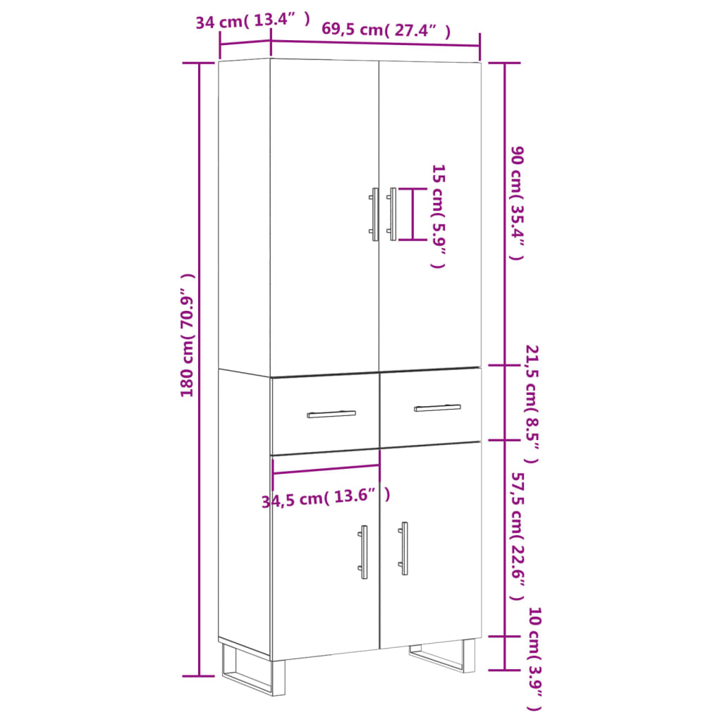 vidaXL Highboard Braun Eichen-Optik 69,5x34x180 cm Holzwerkstoff