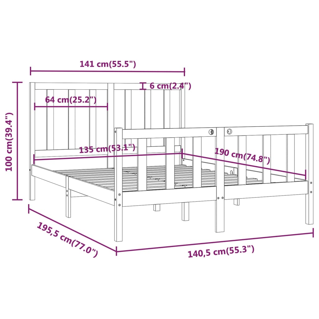 vidaXL Massivholzbett Schwarz 135x190 cm