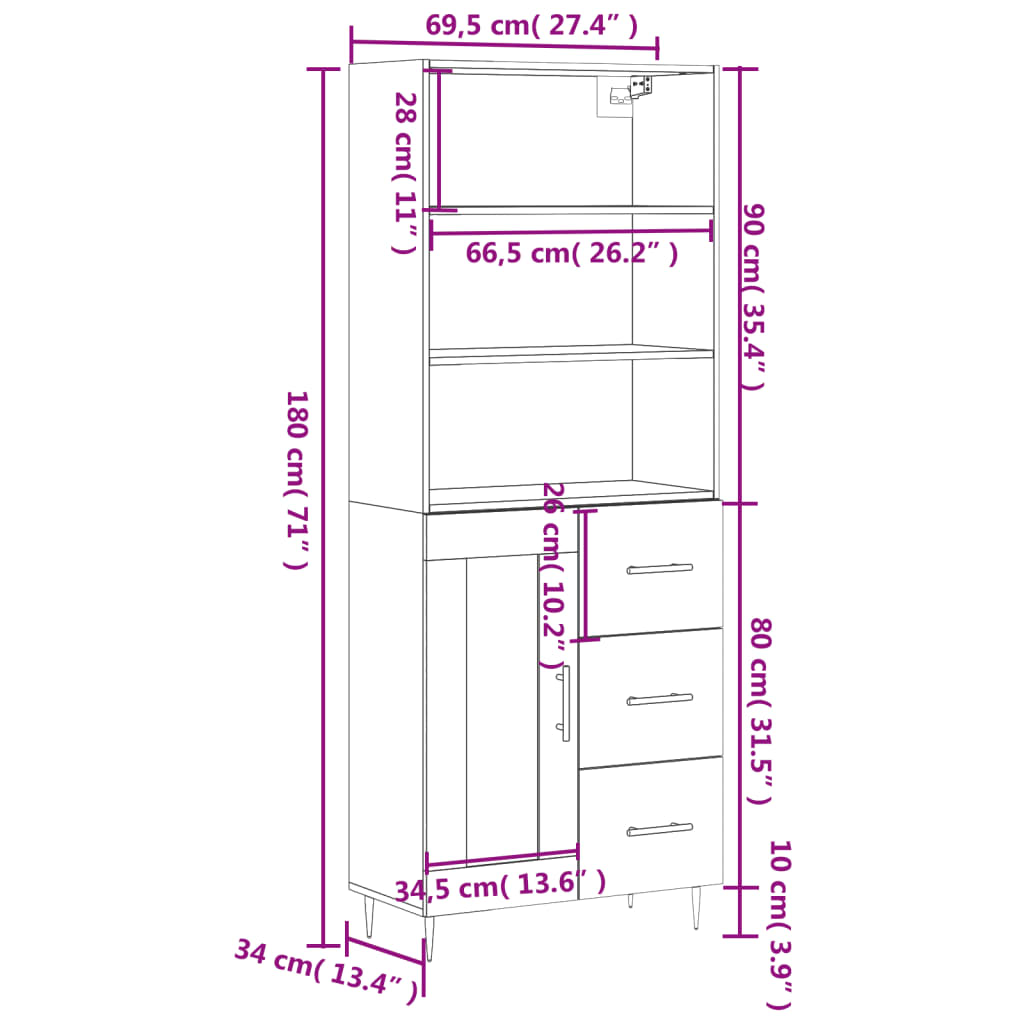 vidaXL Highboard Sonoma-Eiche 69,5x34x180 cm Holzwerkstoff