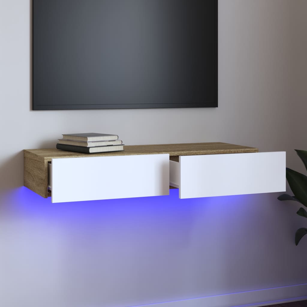 vidaXL TV-Schrank mit LED-Leuchten Weiß und Sonoma-Eiche 90x35x15,5 cm