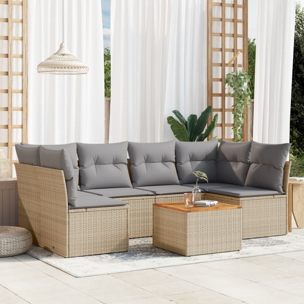 vidaXL 7-tlg. Garten-Sofagarnitur mit Kissen Beige Poly Rattan