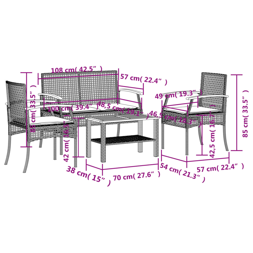 vidaXL 4-tlg. Garten-Lounge-Set mit Kissen Grau Poly Rattan