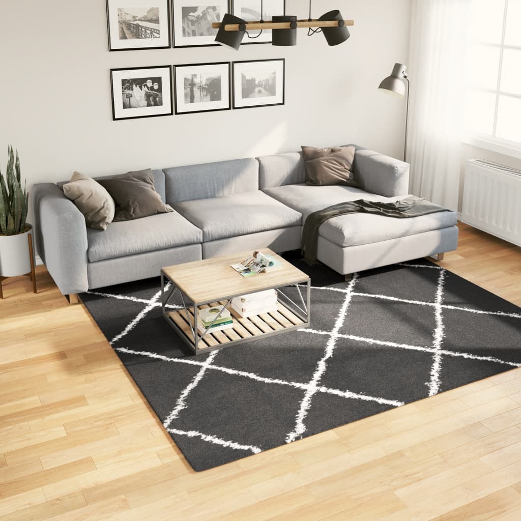 vidaXL Teppich Shaggy Hochflor Modern Schwarz und Creme 240x240 cm