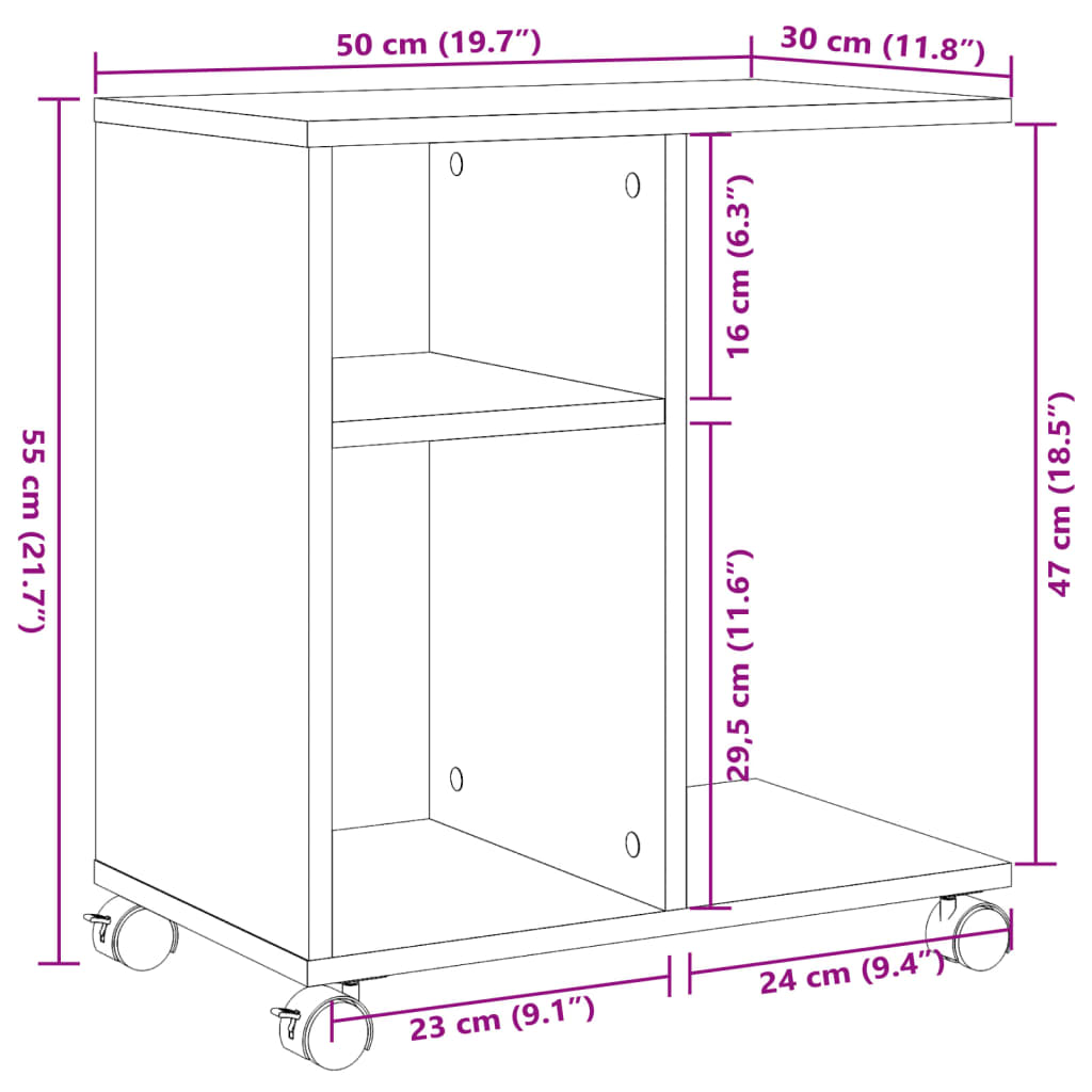 vidaXL Beistelltisch mit Rollen Schwarz 50x30x55 cm Holzwerkstoff