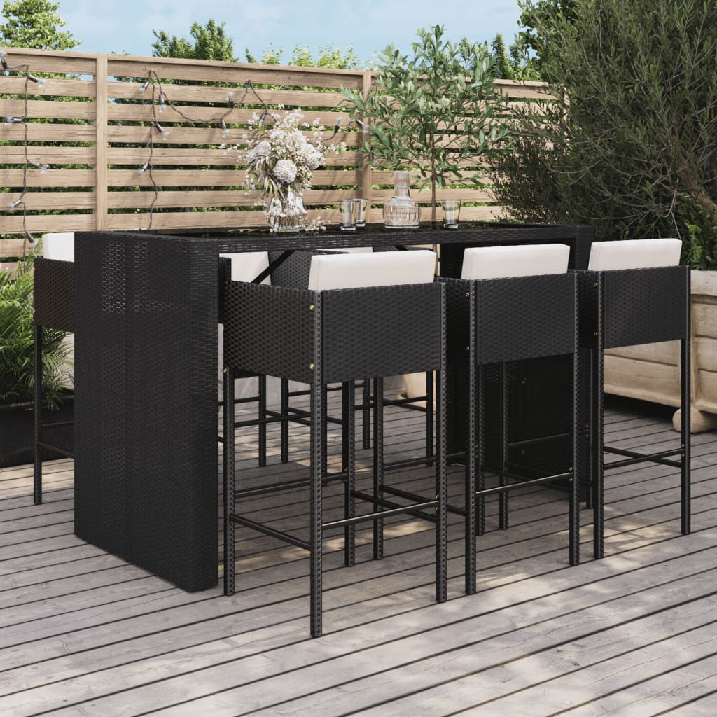 vidaXL 7-tlg. Gartenbar-Set mit Kissen Schwarz Poly Rattan