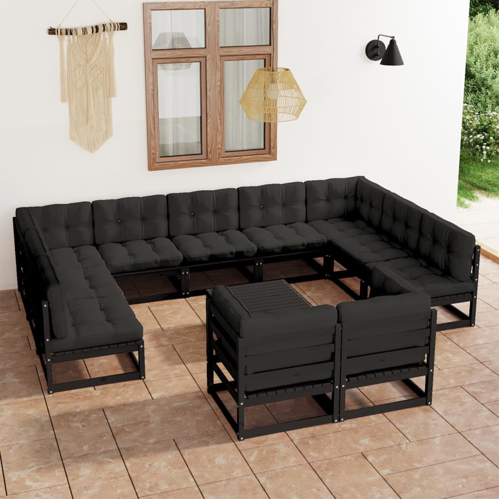 vidaXL 12-tlg. Garten-Lounge-Set mit Kissen Schwarz Massivholz Kiefer