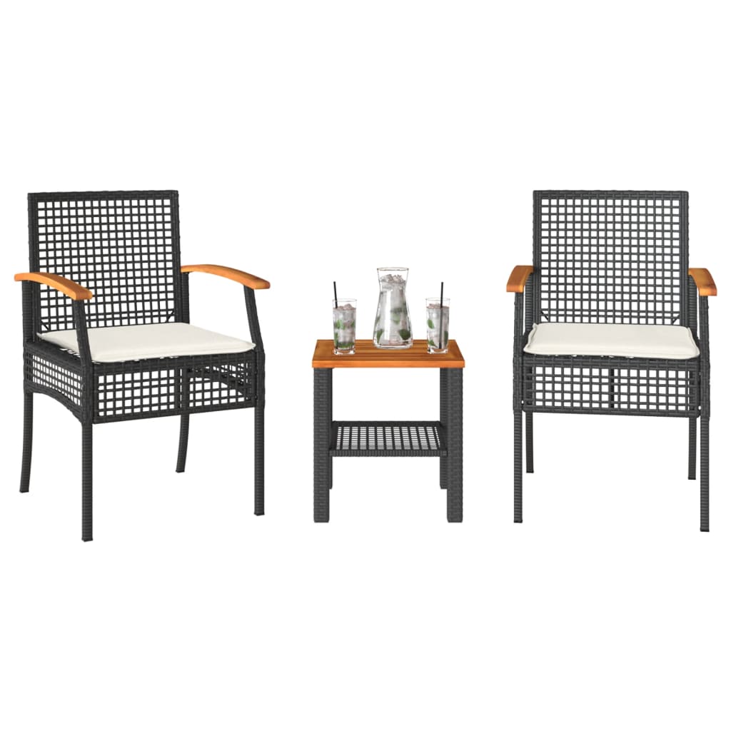 vidaXL 3-tlg. Bistro-Set mit Kissen Schwarz Poly Rattan Akazienholz