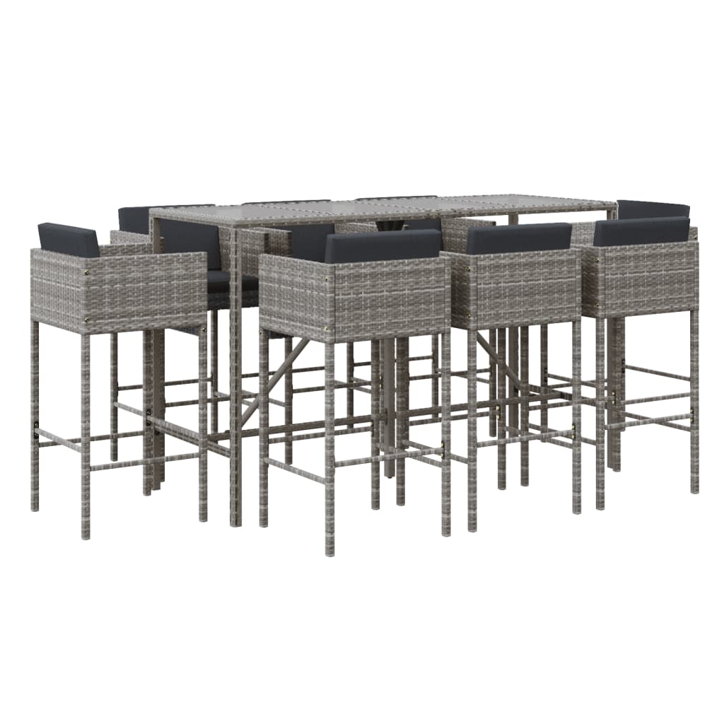 vidaXL 9-tlg. Gartenbar-Set mit Kissen Grau Poly Rattan