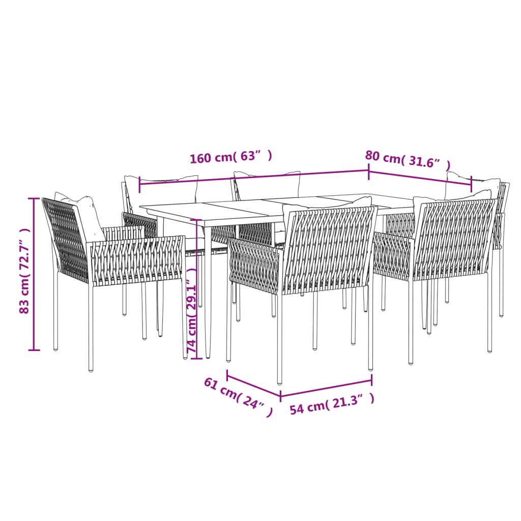 vidaXL 7-tlg. Garten-Essgruppe mit Kissen Poly Rattan und Stahl