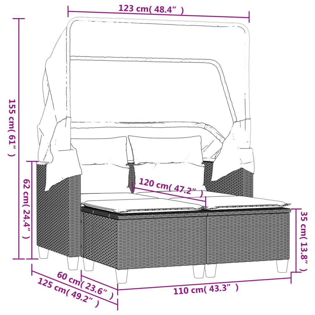 vidaXL Gartensofa 2-Sitzer mit Dach und Hockern Schwarz Poly Rattan