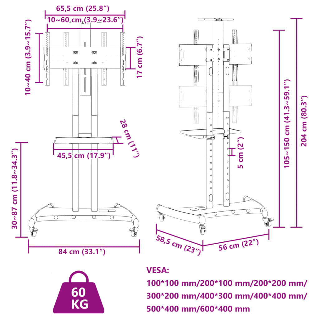 vidaXL TV-Ständer auf Rollen 32-70 Zoll Max VESA 600x400 60kg