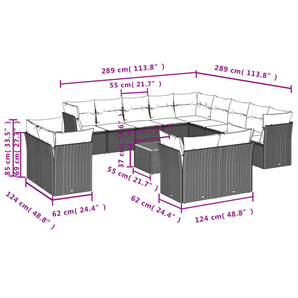 vidaXL 14-tlg. Garten-Sofagarnitur mit Kissen Beige Poly Rattan