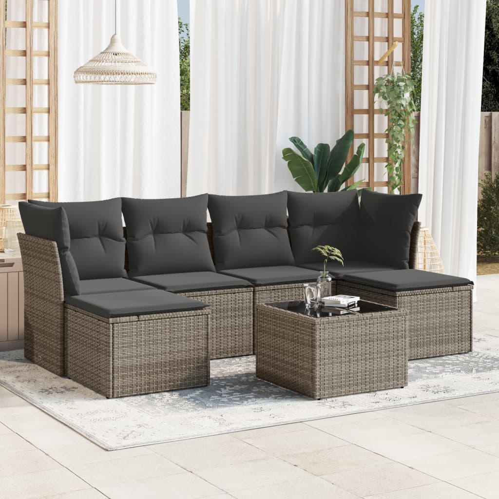 vidaXL 7-tlg. Garten-Sofagarnitur mit Kissen Grau Poly Rattan