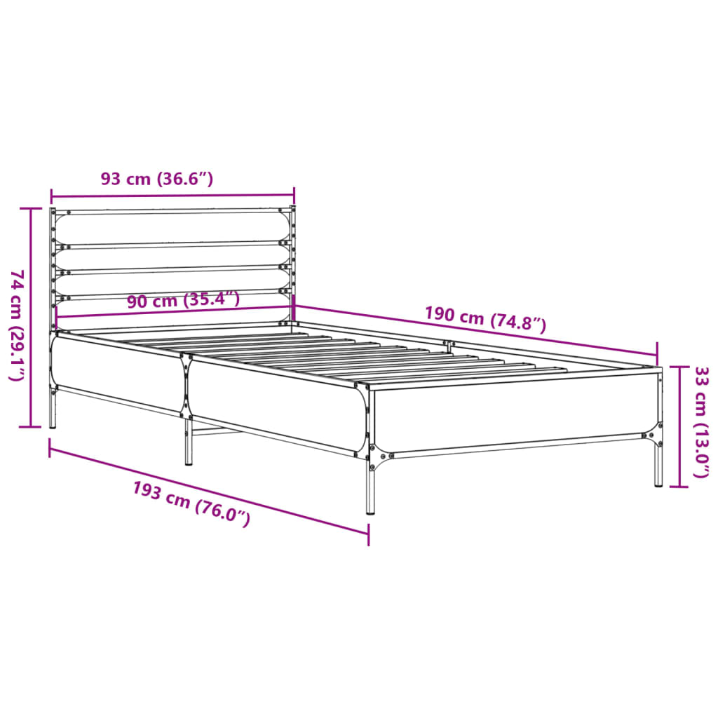 vidaXL Bettgestell Sonoma-Eiche 90x190 cm Holzwerkstoff und Metall