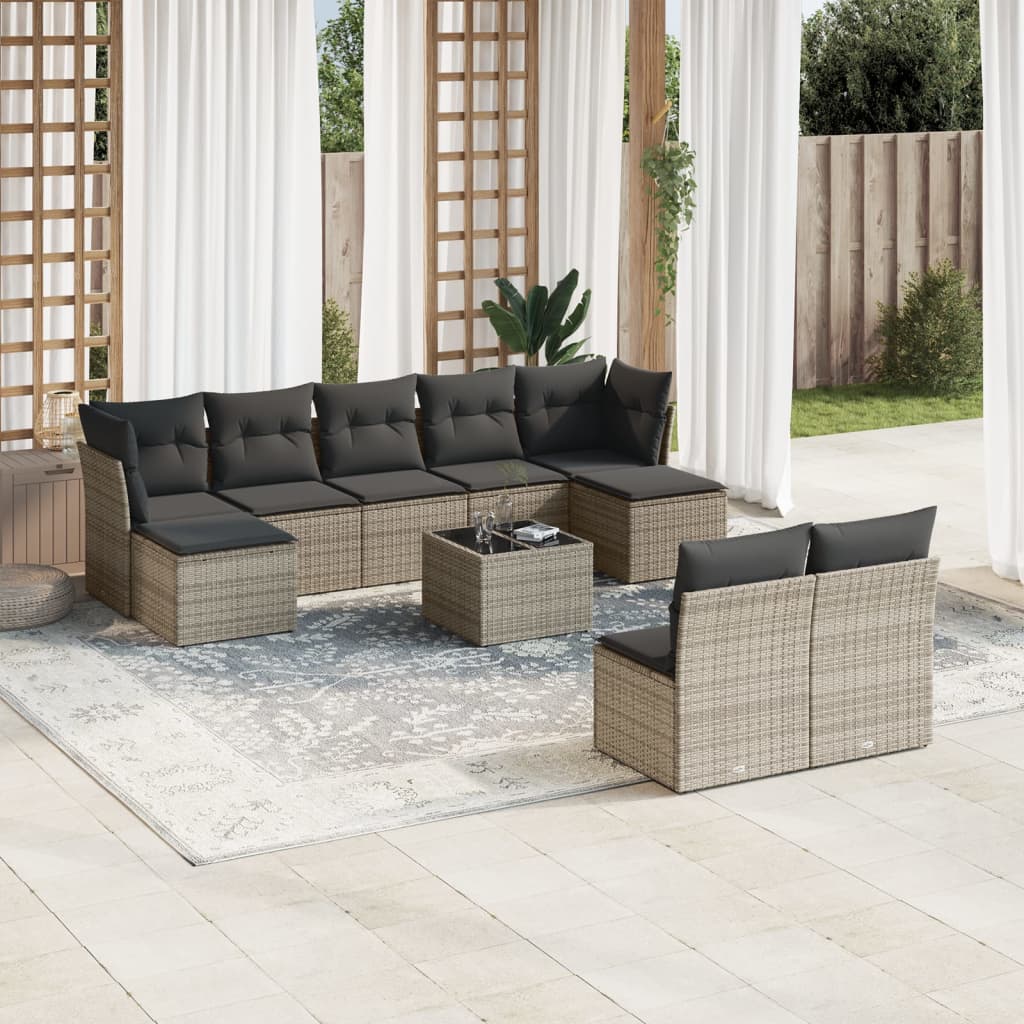 vidaXL 10-tlg. Garten-Sofagarnitur mit Kissen Grau Poly Rattan