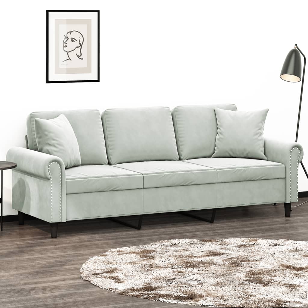 vidaXL 3-Sitzer-Sofa mit Zierkissen Hellgrau 180 cm Samt