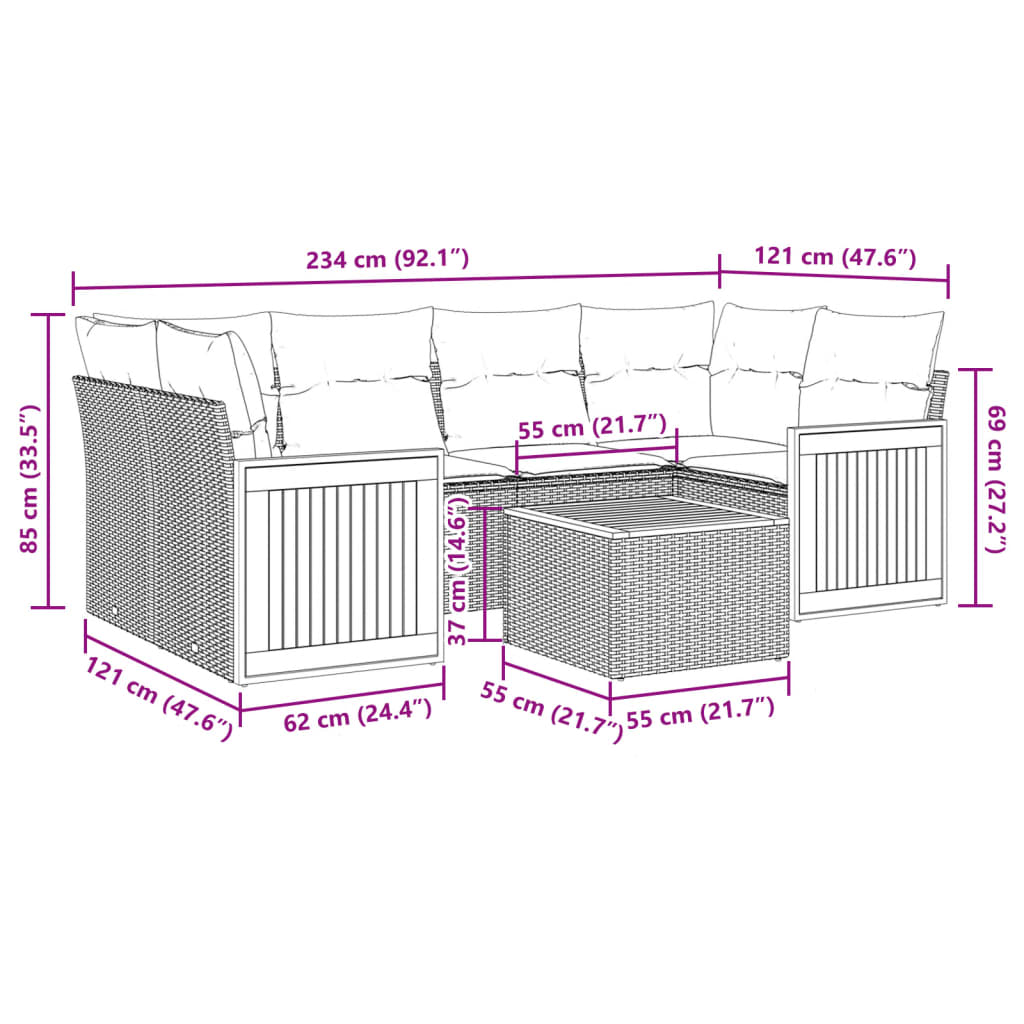 vidaXL 7-tlg. Garten-Sofagarnitur mit Kissen Schwarz Poly Rattan