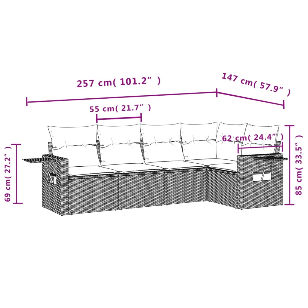 vidaXL 5-tlg. Garten-Sofagarnitur mit Kissen Braun Poly Rattan