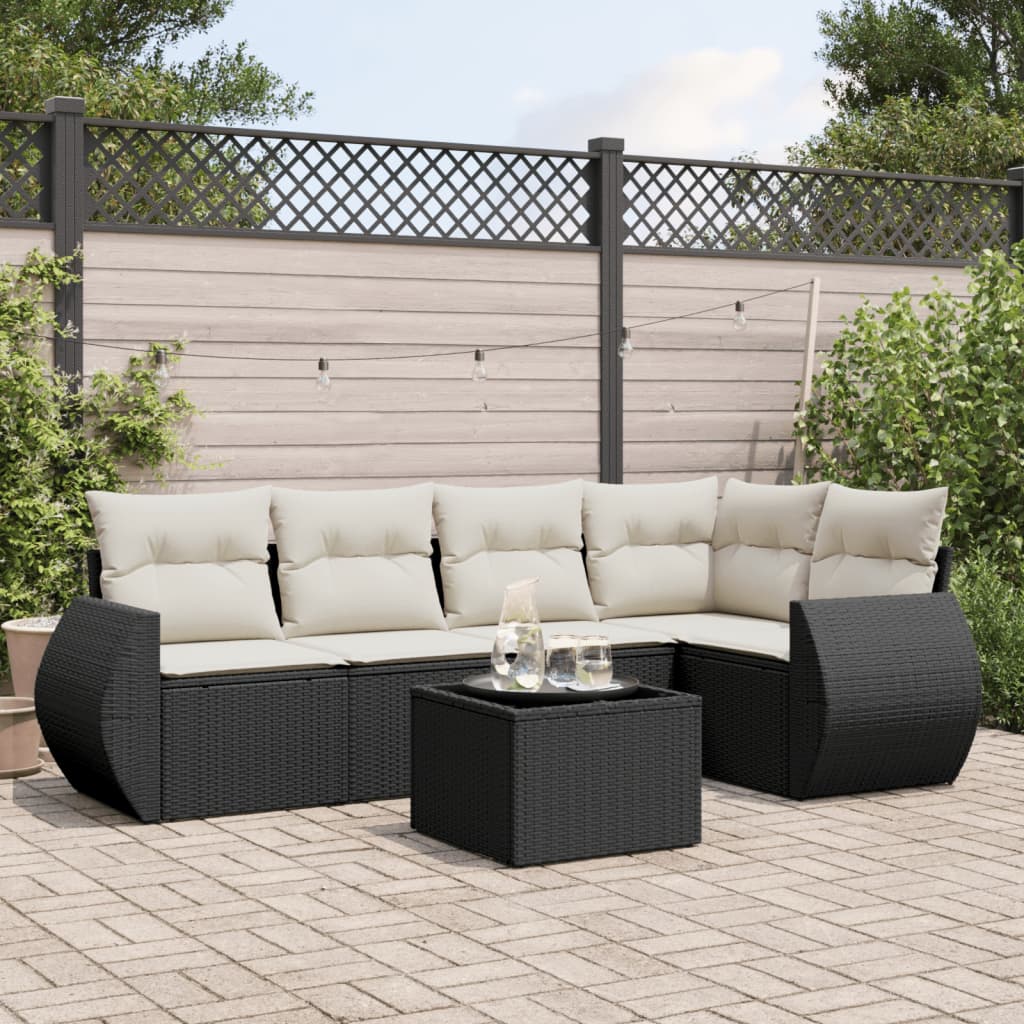 vidaXL 6-tlg. Garten-Sofagarnitur mit Kissen Schwarz Poly Rattan