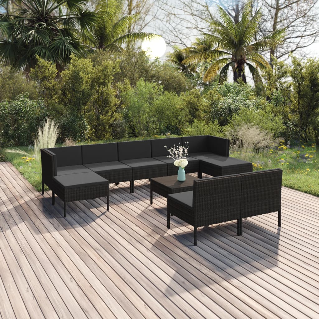 vidaXL 10-tlg. Garten-Lounge-Set mit Auflagen Poly Rattan Schwarz