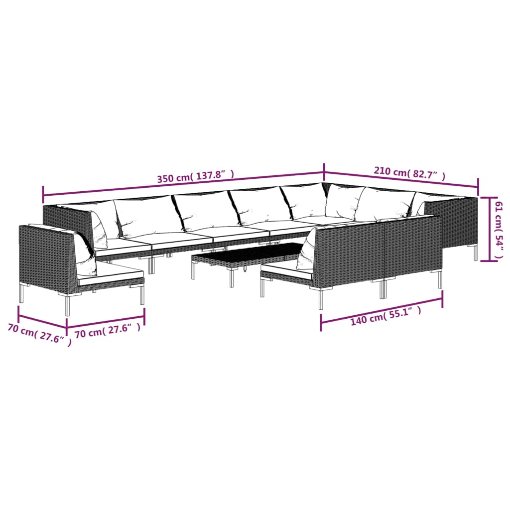 vidaXL 11-tlg. Garten-Lounge-Set mit Kissen Poly Rattan Dunkelgrau