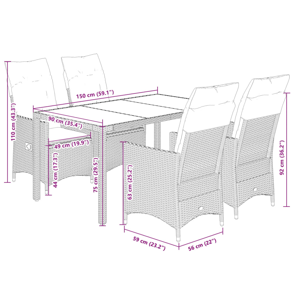 vidaXL 5-tlg. Garten-Essgruppe mit Kissen Grau Poly Rattan